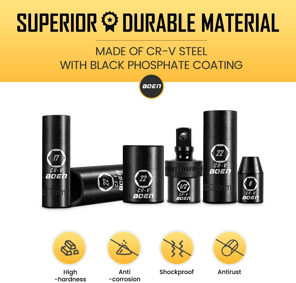 1/2" Drive Impact Socket Set – 33-Piece Metric Deep & Shallow Set (8mm–22mm) with 5" & 10" Extensions, U-Joint, 6-Point Cr-V Steel | ANSI Standard