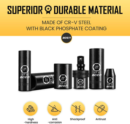 1/2" Drive Impact Socket Set – 33-Piece Metric Deep & Shallow Set (8mm–22mm) with 5" & 10" Extensions, U-Joint, 6-Point Cr-V Steel | ANSI Standard