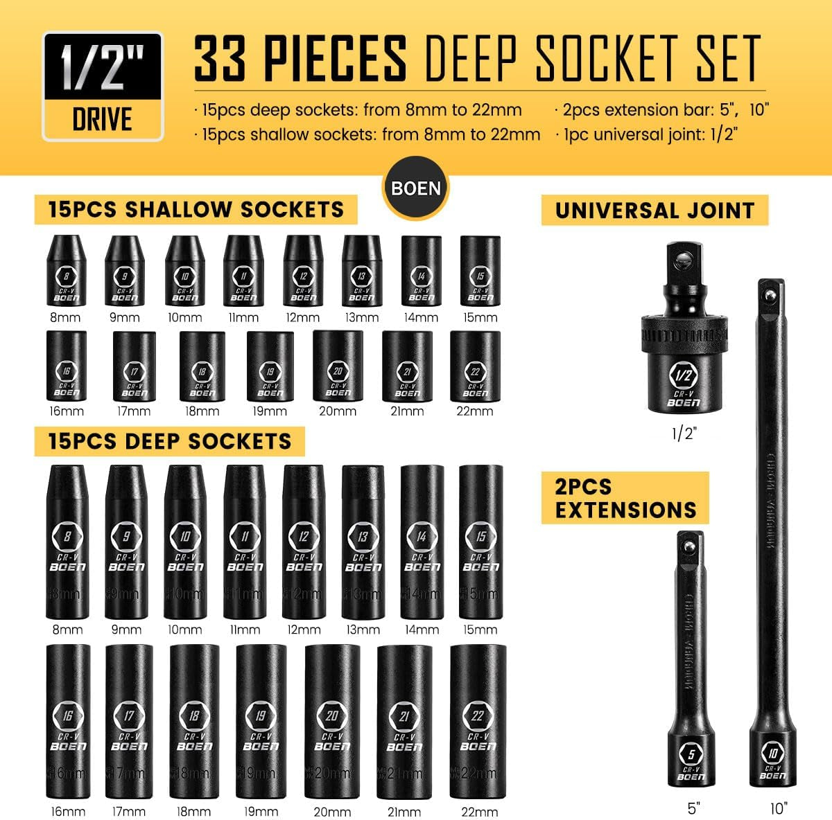 1/2" Drive Impact Socket Set – 33-Piece Metric Deep & Shallow Set (8mm–22mm) with 5" & 10" Extensions, U-Joint, 6-Point Cr-V Steel | ANSI Standard