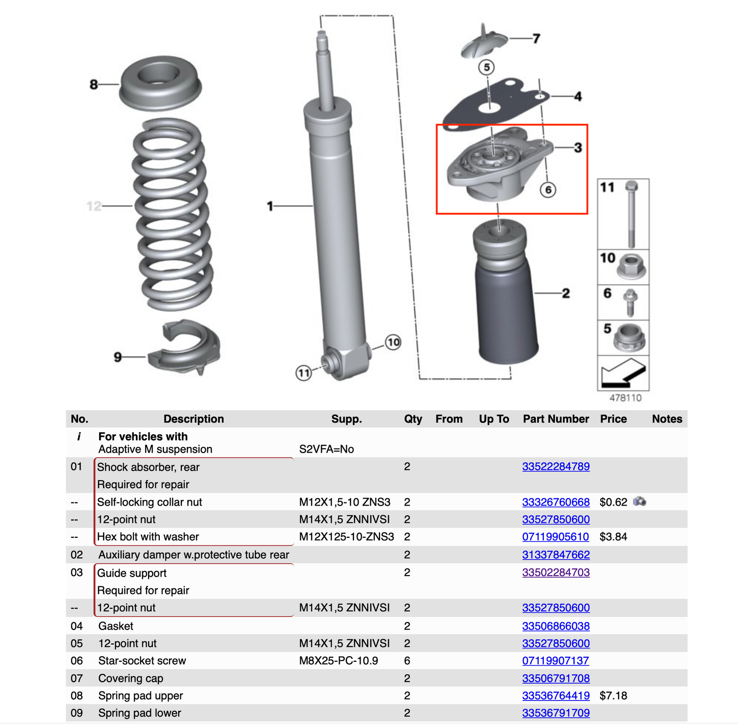 BMW OEM Rear Shock Guide Support 22727110 33502284703 F80/F82/F83/F87 M2/M3/M4