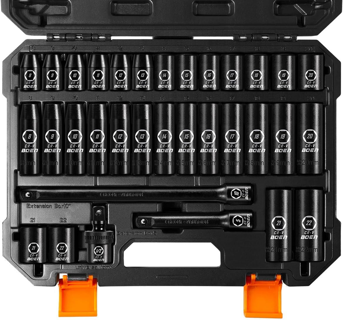 1/2" Drive Impact Socket Set – 33-Piece Metric Deep & Shallow Set (8mm–22mm) with 5" & 10" Extensions, U-Joint, 6-Point Cr-V Steel | ANSI Standard