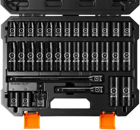 1/2" Drive Impact Socket Set – 33-Piece Metric Deep & Shallow Set (8mm–22mm) with 5" & 10" Extensions, U-Joint, 6-Point Cr-V Steel | ANSI Standard