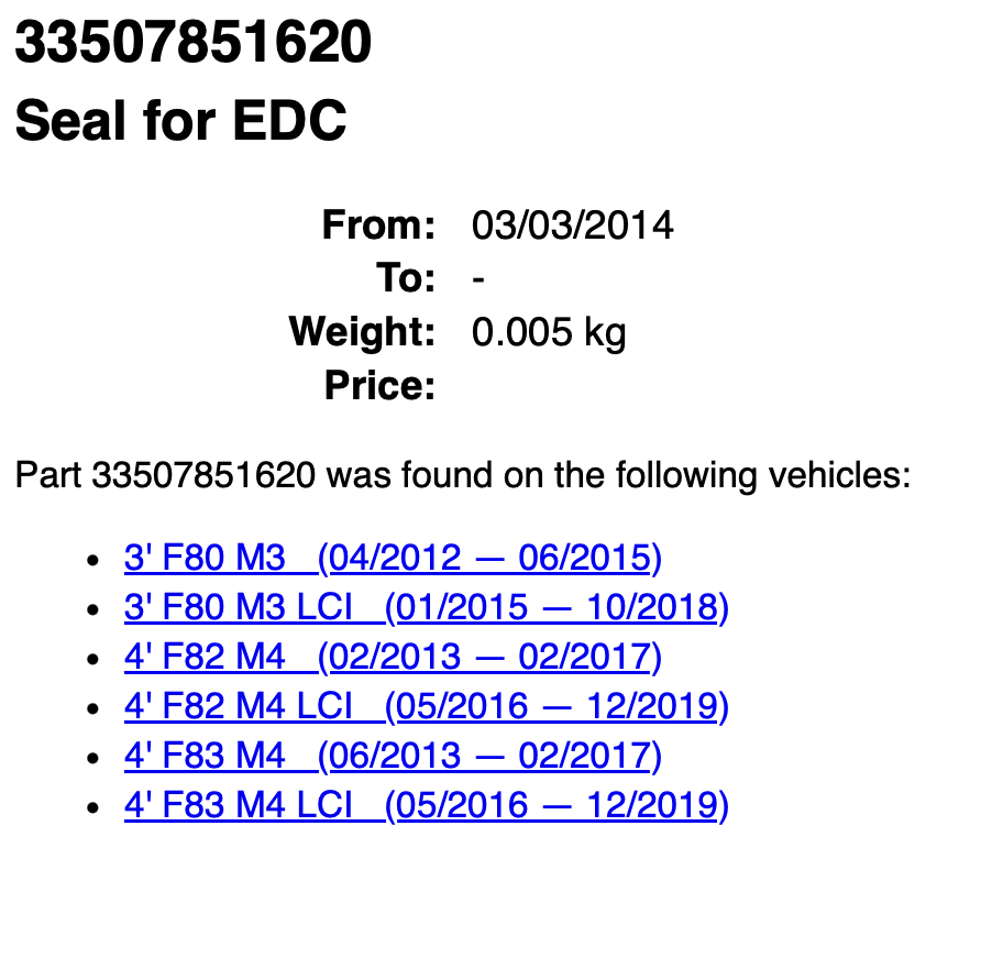 BMW F80/F82/F83 M3/M4 Adapter Cable, Seal, Plate for EDC