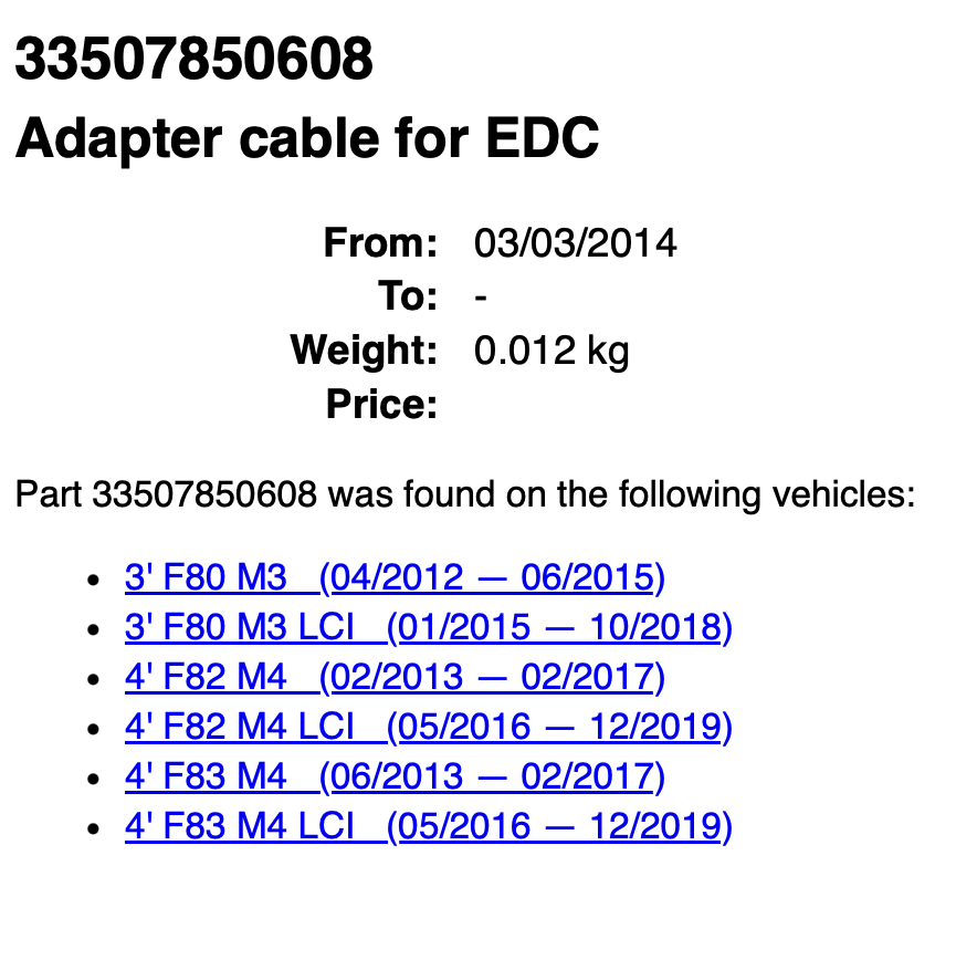 BMW F80/F82/F83 M3/M4 Adapter Cable, Seal, Plate for EDC