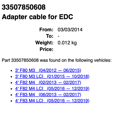 BMW F80/F82/F83 M3/M4 Adapter Cable, Seal, Plate for EDC