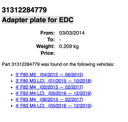 BMW F80/F82/F83 M3/M4 Adapter Cable, Seal, Plate for EDC