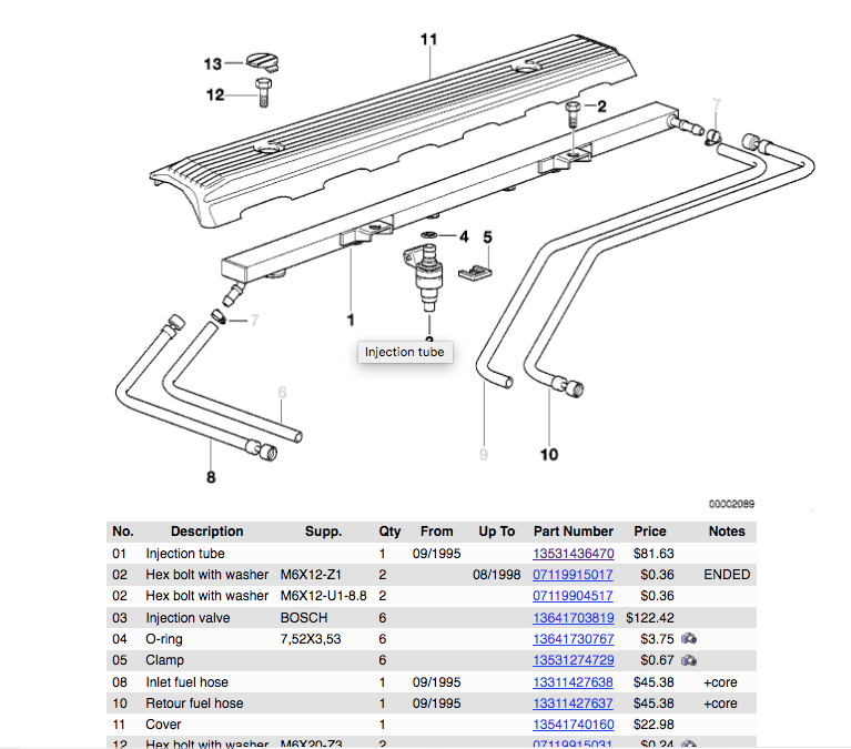 Genuine BMW OEM Fuel Rail 3 Series E36 Z3 M3 M52 S52 13531436470