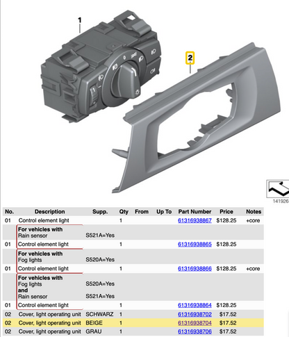 BMW E90 E91 Light Operating Unit Cover 61316938704